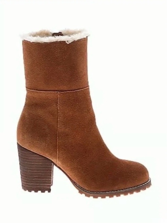 Saks Fifth Avenue Shoes - NWOT Saks Fifth Avenue Cognac Suede Mid-Calf Heeled Boots w/ Faux Fur Trim Sz 9M